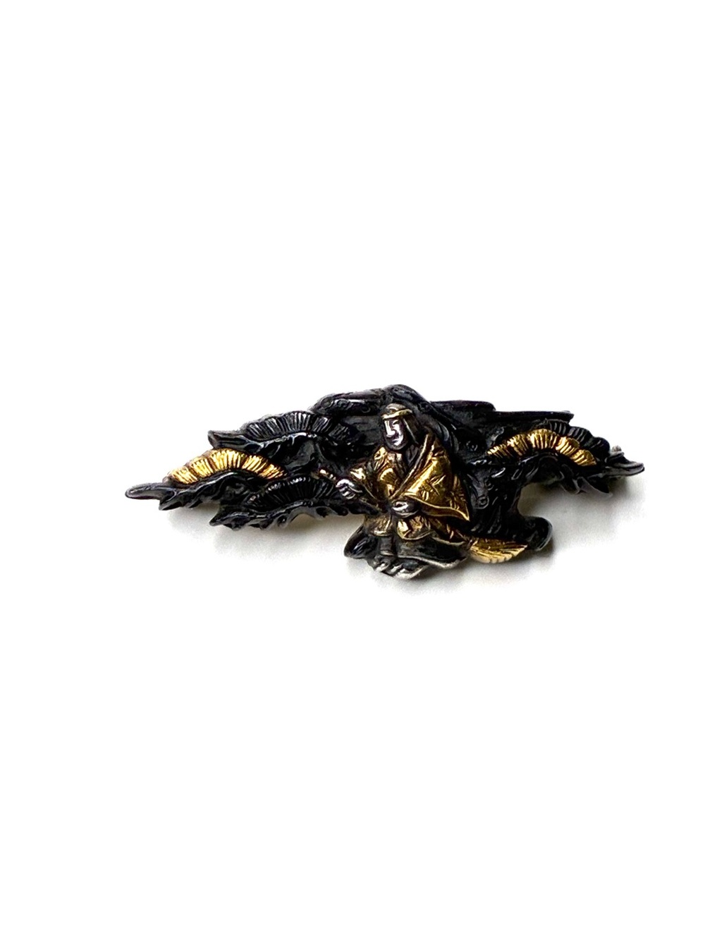 Antique Japanese Meiji Era Shakudo Menuki Samurai Figure Conversion Brooch Pin